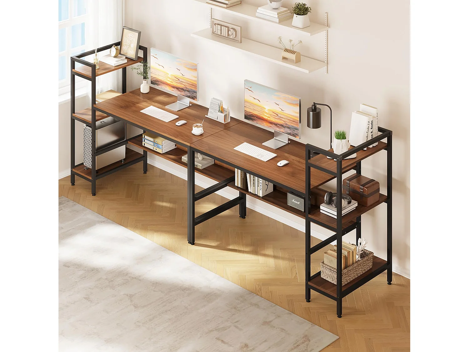 Bureau Informatique avec Etagères de Rangement, Bureau d'Ordinateur en Bois pour Chambre Salon et Maison 136 x 60 x 111 cm - Bois Foncé