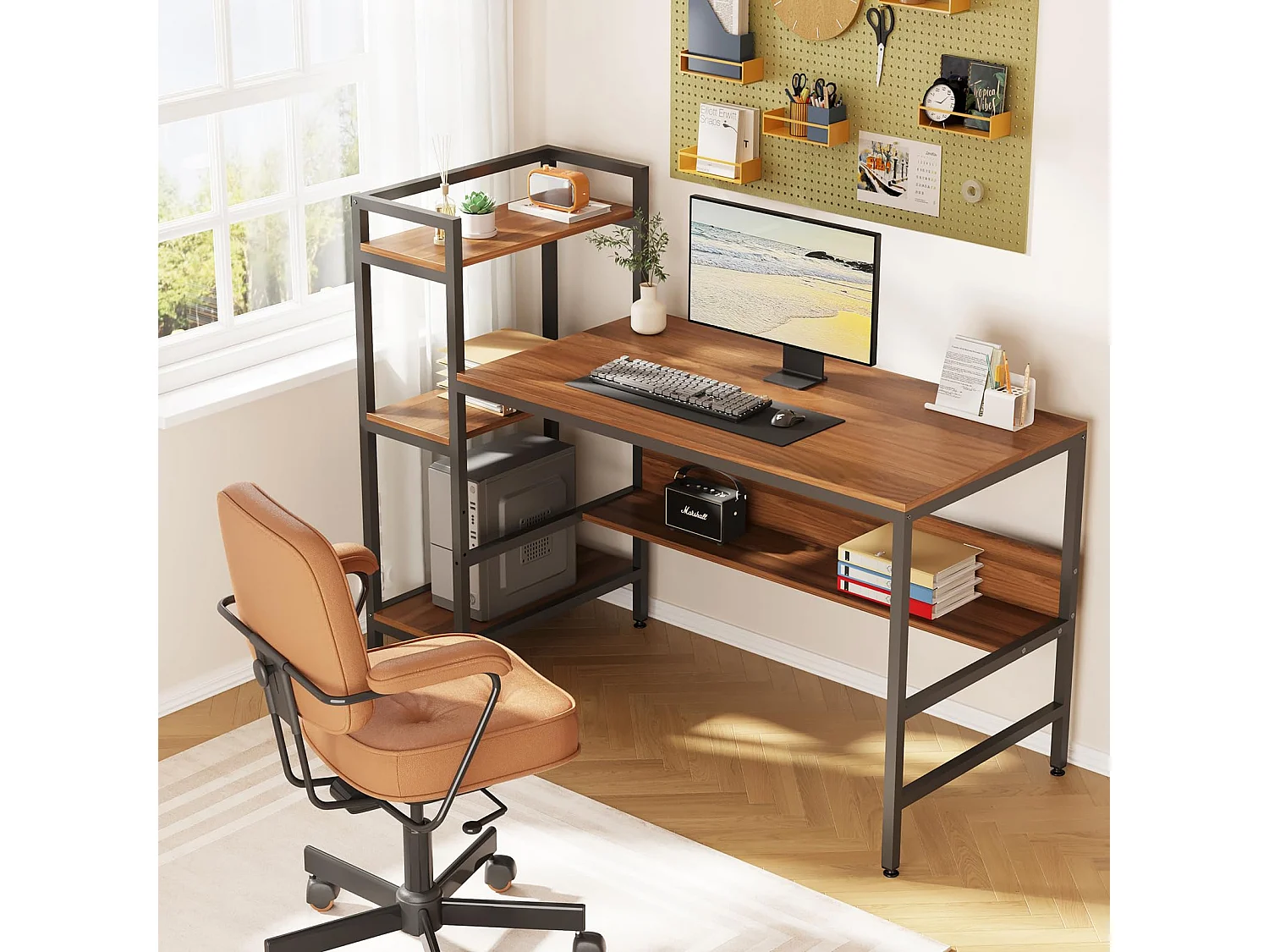 Bureau Informatique avec Etagères de Rangement, Bureau d'Ordinateur en Bois pour Chambre Salon et Maison 136 x 60 x 111 cm - Bois Foncé