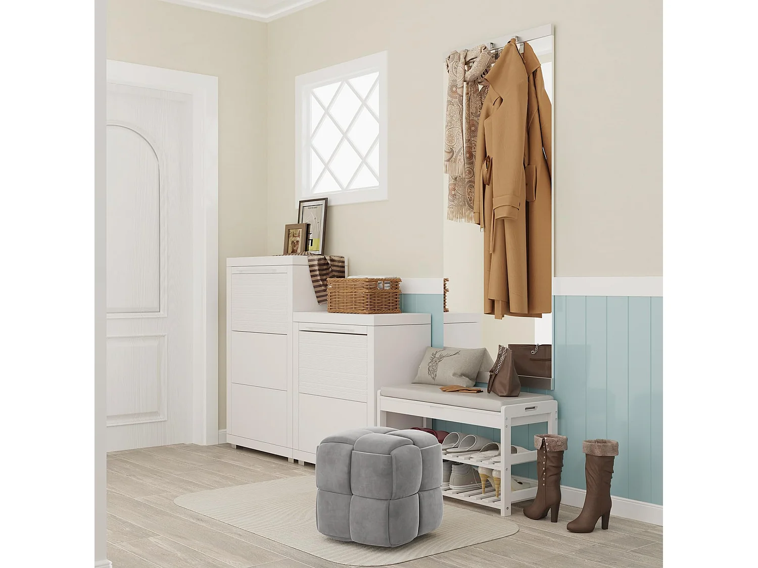 Pouf poggiapiedi in velluto, per soggiorno, quadrato, intrecciato, decorativo, moderno, 43 x 43 x 46 cm, carico massimo 140 kg, grigio