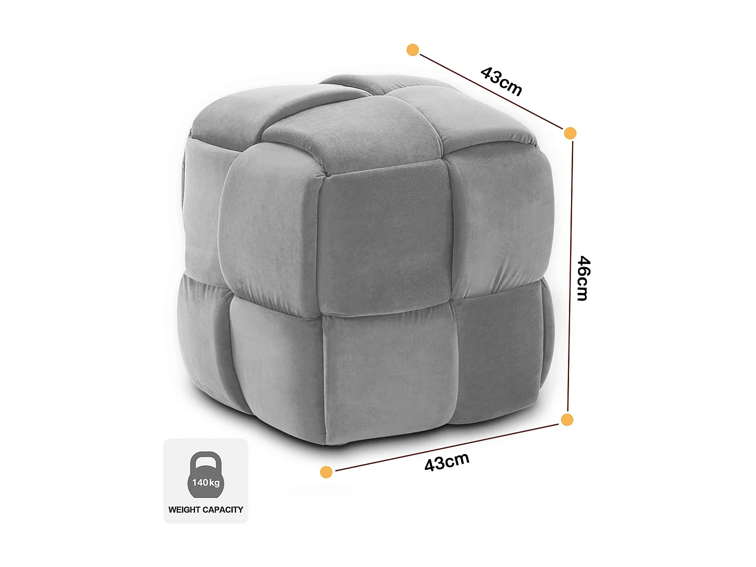 Pouf Ottoman en Velours Repose-Pieds Salon Tressé Tabouret Carrée de Maquillage Décorative Moderne 43 x 43 x 46 cm Charge Max 140 kg - Gris