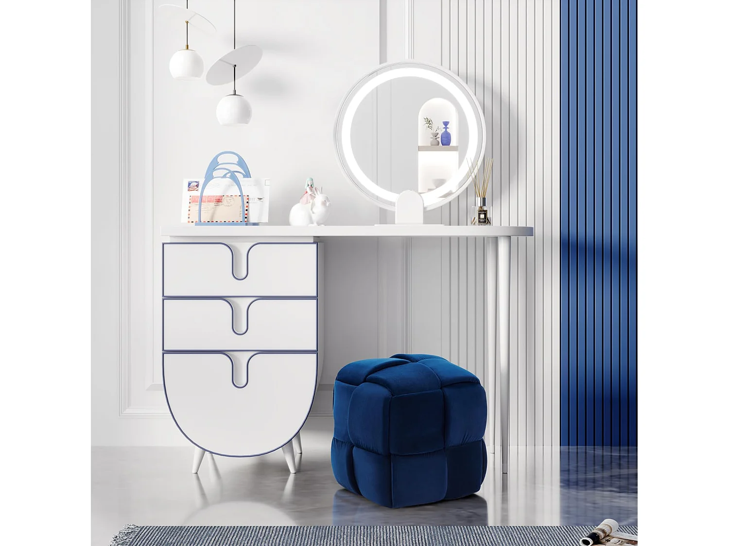 Pouf poggiapiedi in velluto, per soggiorno, quadrato, intrecciato, decorativo, moderno, 43 x 43 x 46 cm, carico massimo 140 kg, blu
