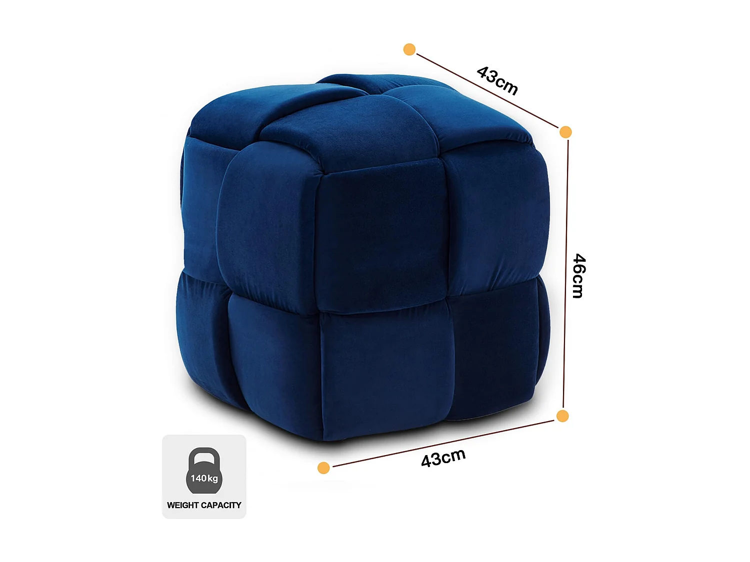 Pouf poggiapiedi in velluto, per soggiorno, quadrato, intrecciato, decorativo, moderno, 43 x 43 x 46 cm, carico massimo 140 kg, blu