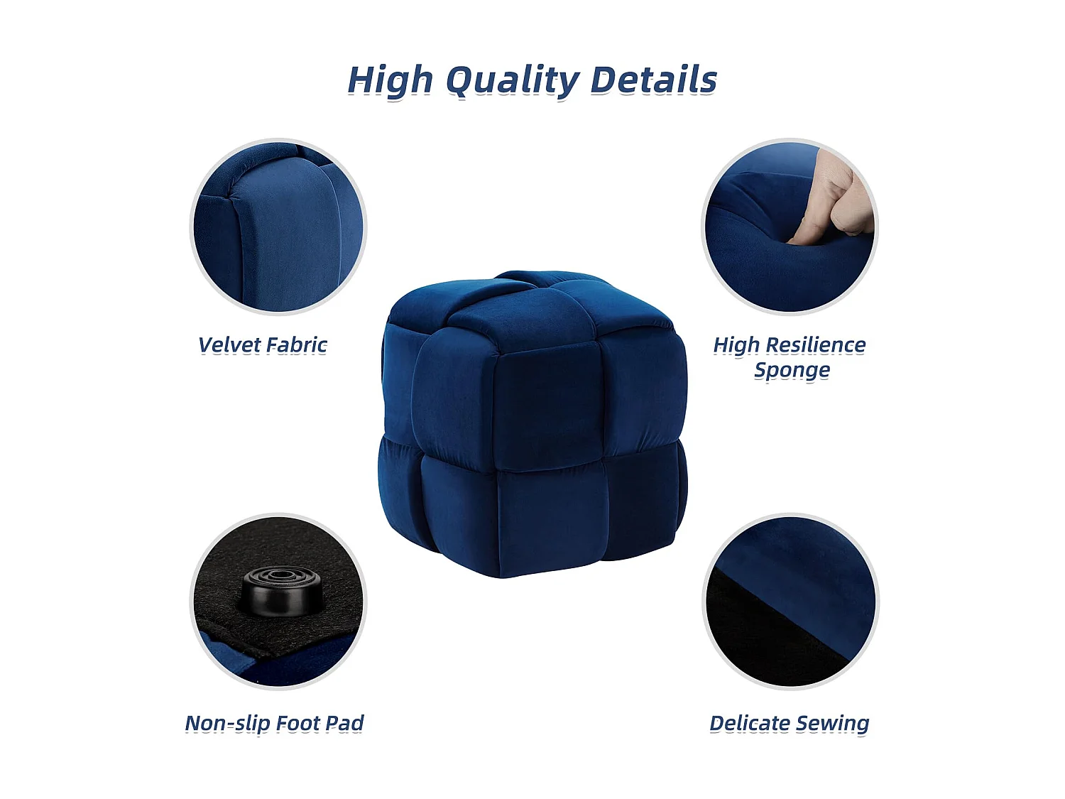 Pouf poggiapiedi in velluto, per soggiorno, quadrato, intrecciato, decorativo, moderno, 43 x 43 x 46 cm, carico massimo 140 kg, blu