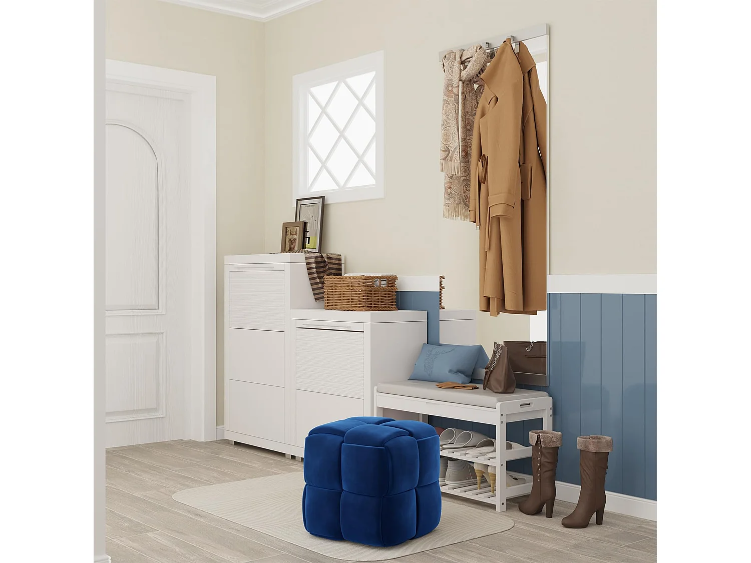 Pouf Ottoman en Velours Repose-Pieds Salon Tressé Tabouret Carrée de Maquillage Décorative Moderne 43 x 43 x 46 cm Charge Max 140 kg - Bleu