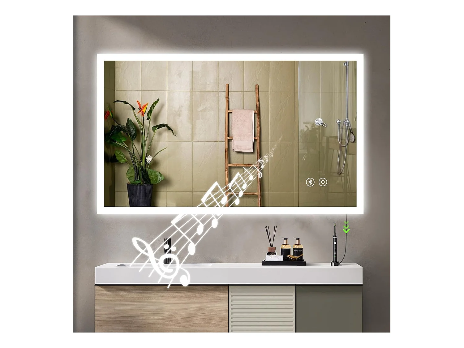 Miroir de Salle de Bain YOLEO avec Éclairage, Haut-parleur Bluetooth et Prise, Miroir LED Anti-Buée à Commande Tactile, 3 Couleurs de Lumière Réglables, 100 x 60 cm
