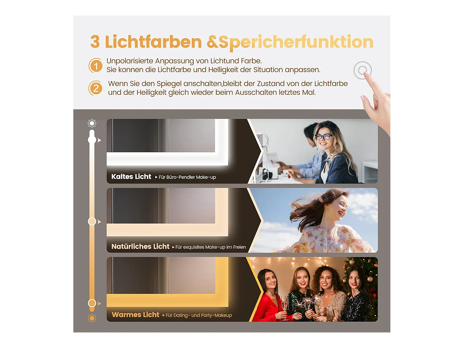 Miroir de Salle de Bain YOLEO avec Éclairage, Haut-parleur Bluetooth et Prise, Miroir LED Anti-Buée à Commande Tactile, 3 Couleurs de Lumière Réglables, 100 x 60 cm