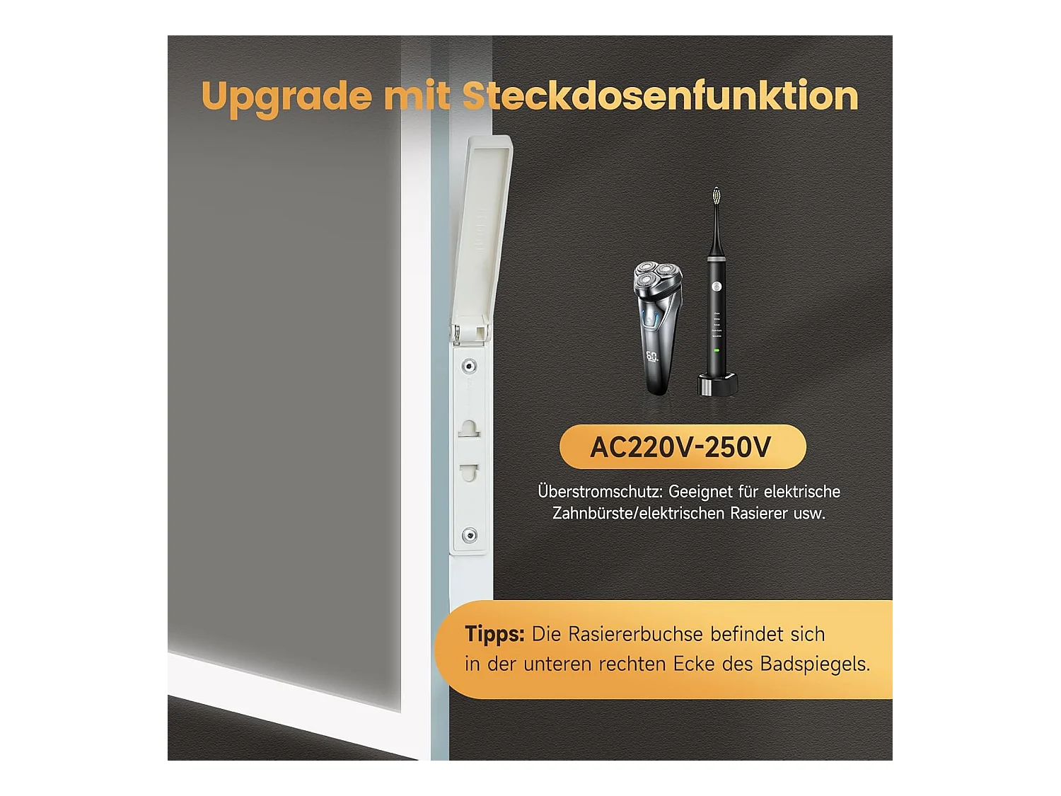 Miroir de Salle de Bain YOLEO avec Éclairage, Haut-parleur Bluetooth et Prise, Miroir LED Anti-Buée à Commande Tactile, 3 Couleurs de Lumière Réglables, 100 x 60 cm