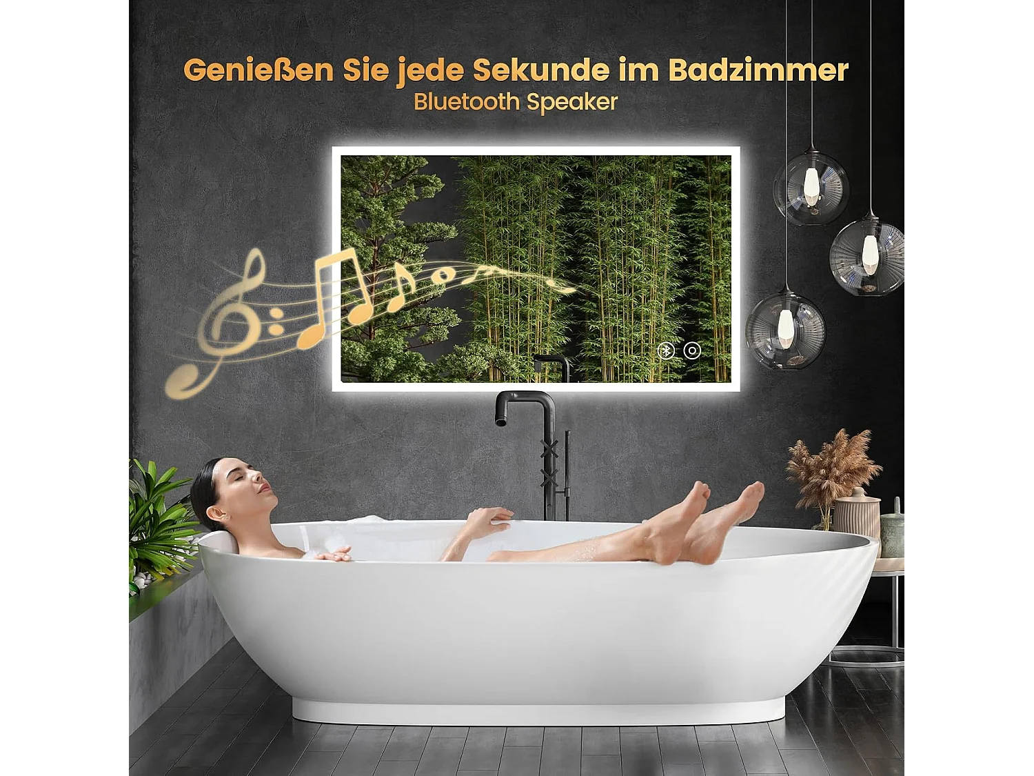 Miroir de Salle de Bain YOLEO avec Éclairage, Haut-parleur Bluetooth et Prise, Miroir LED Anti-Buée à Commande Tactile, 3 Couleurs de Lumière Réglables, 100 x 60 cm
