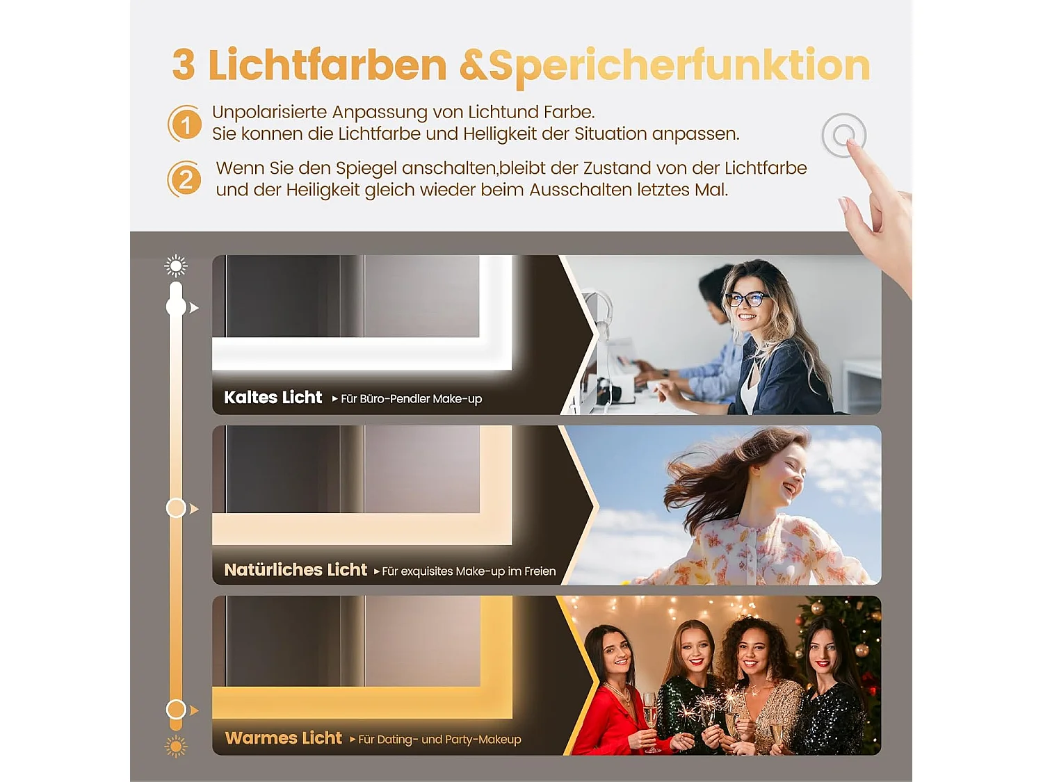 Miroir de Salle de Bain YOLEO avec Éclairage, Haut-parleur Bluetooth et Prise, Miroir LED Anti-Buée à Commande Tactile, 3 Couleurs de Lumière Réglables, 100 x 60 cm