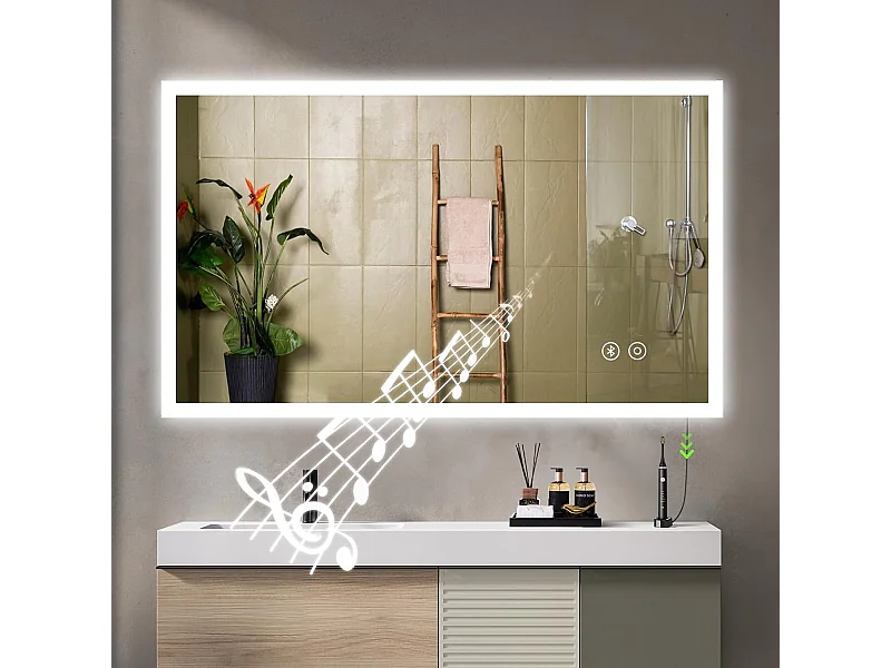 Miroir de Salle de Bain YOLEO avec Éclairage, Haut-parleur Bluetooth et Prise, Miroir LED Anti-Buée à Commande Tactile, 3 Couleurs de Lumière Réglables, 100 x 60 cm
