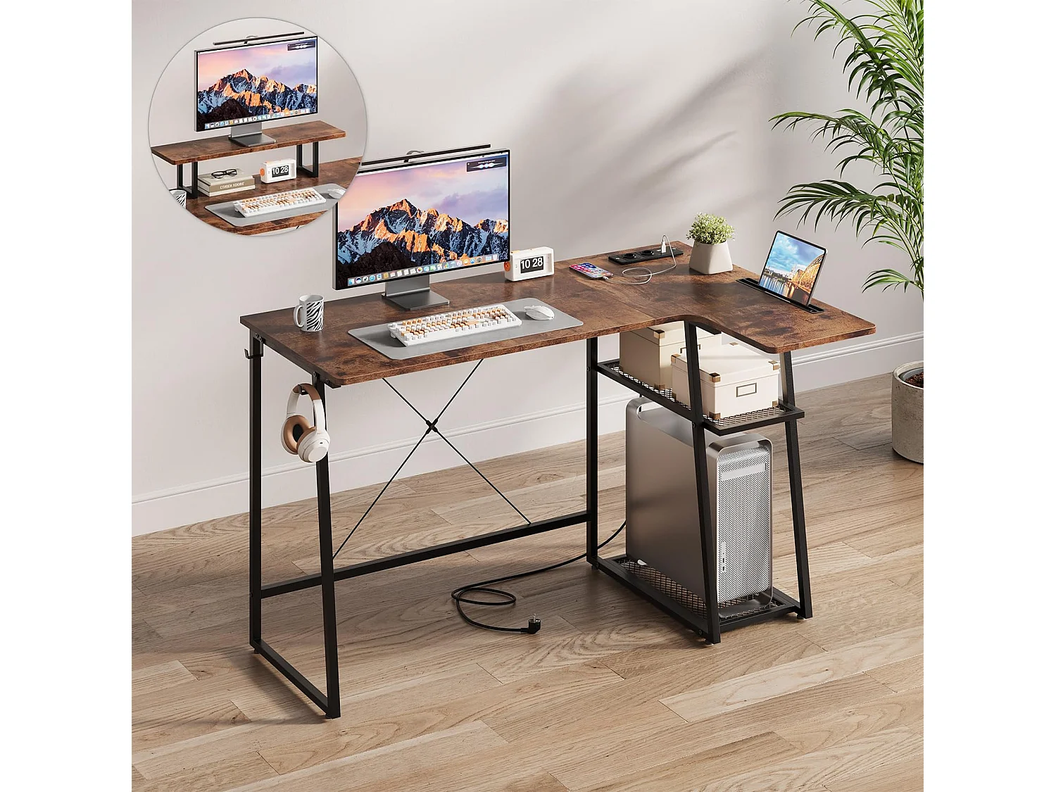 Bureau d’angle en L marron avec étagère, port USB, prise, support écran et espace de rangement, idéal pour le jeu, la maison ou le bureau