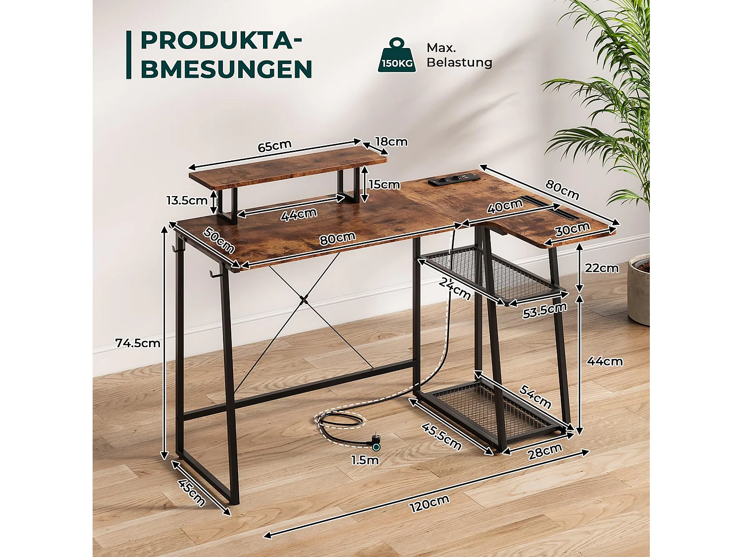 Bureau d’angle en L marron avec étagère, port USB, prise, support écran et espace de rangement, idéal pour le jeu, la maison ou le bureau