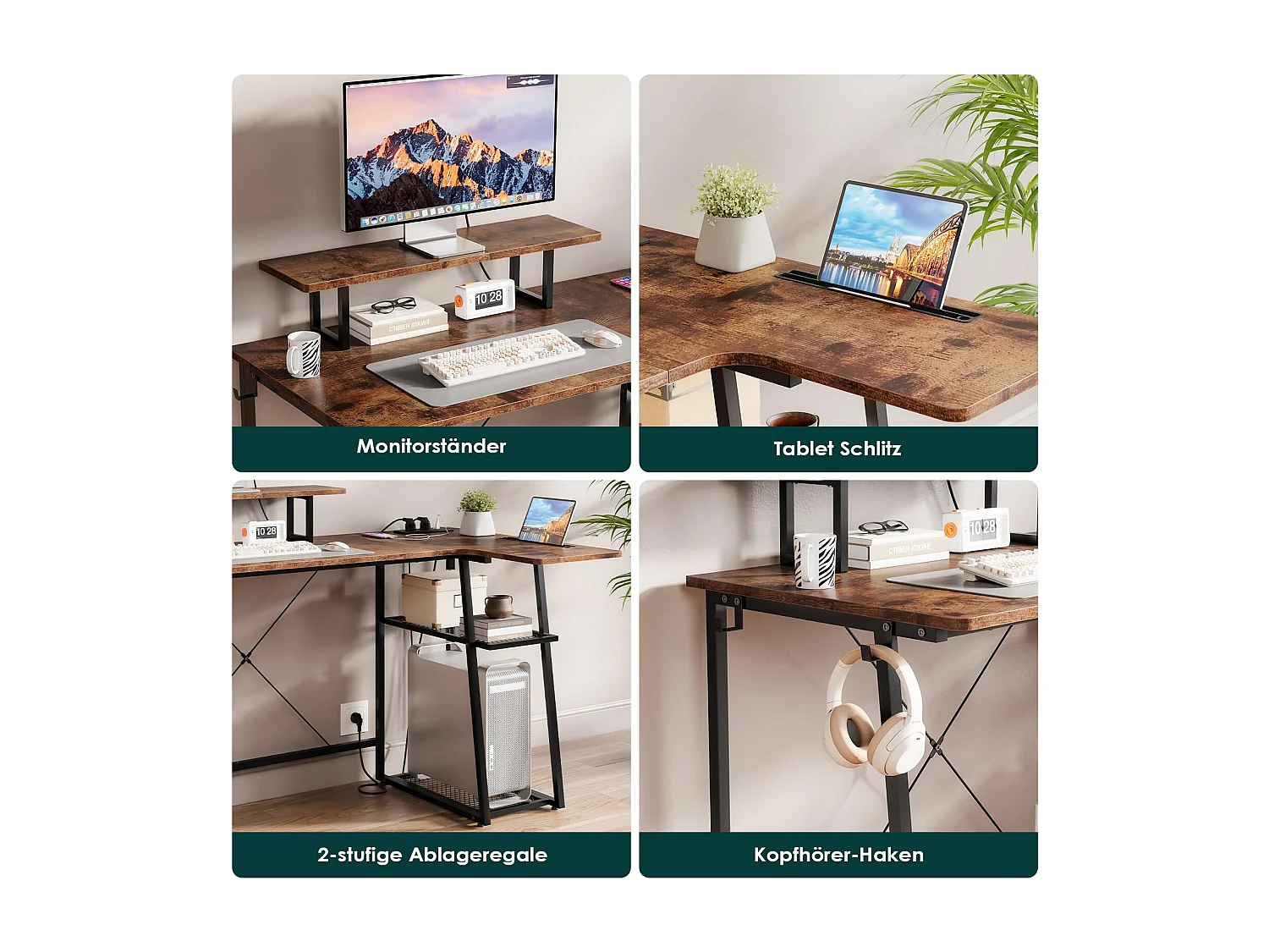 Bureau d’angle en L marron avec étagère, port USB, prise, support écran et espace de rangement, idéal pour le jeu, la maison ou le bureau