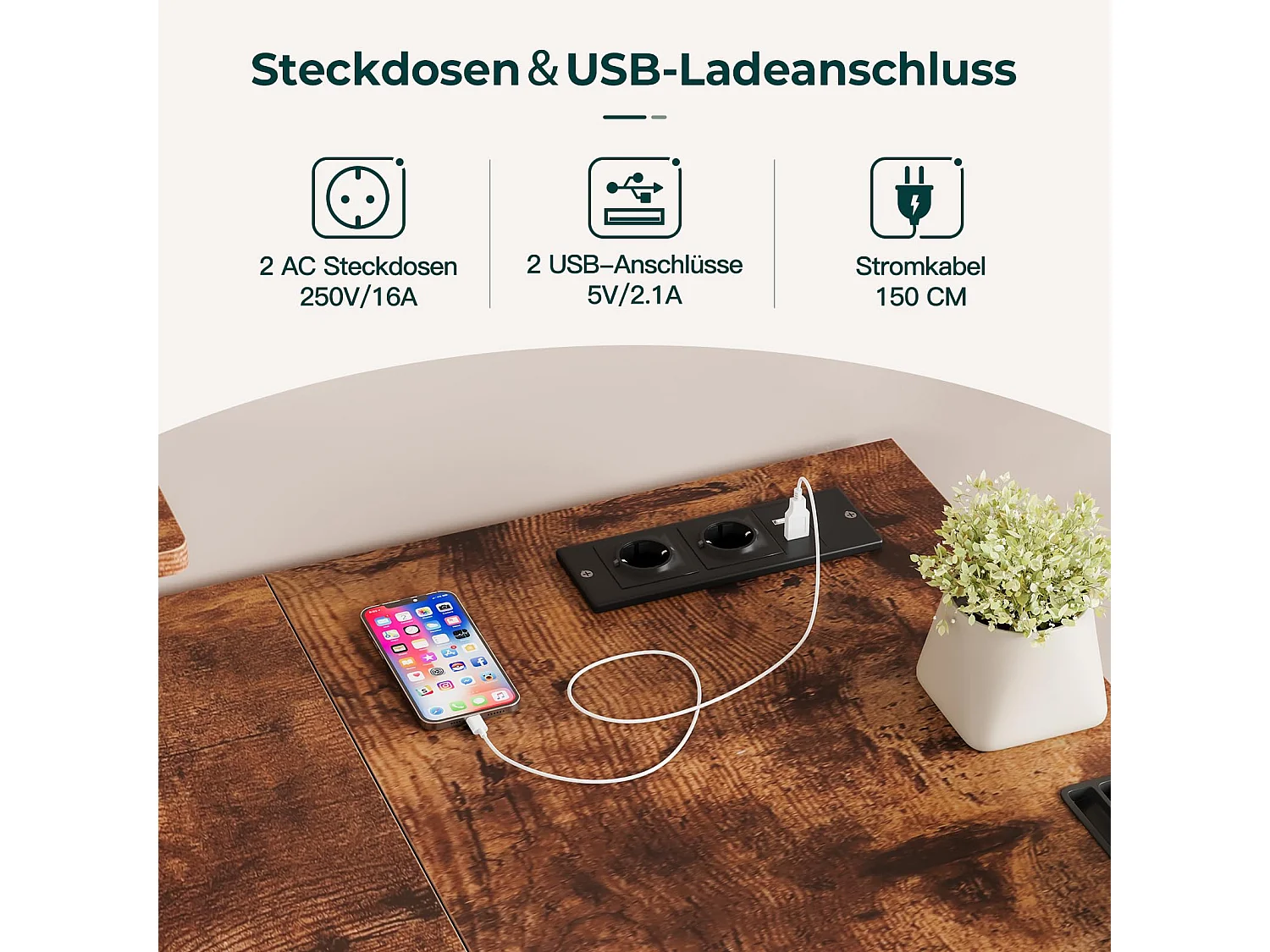 Bureau d’angle en L marron avec étagère, port USB, prise, support écran et espace de rangement, idéal pour le jeu, la maison ou le bureau