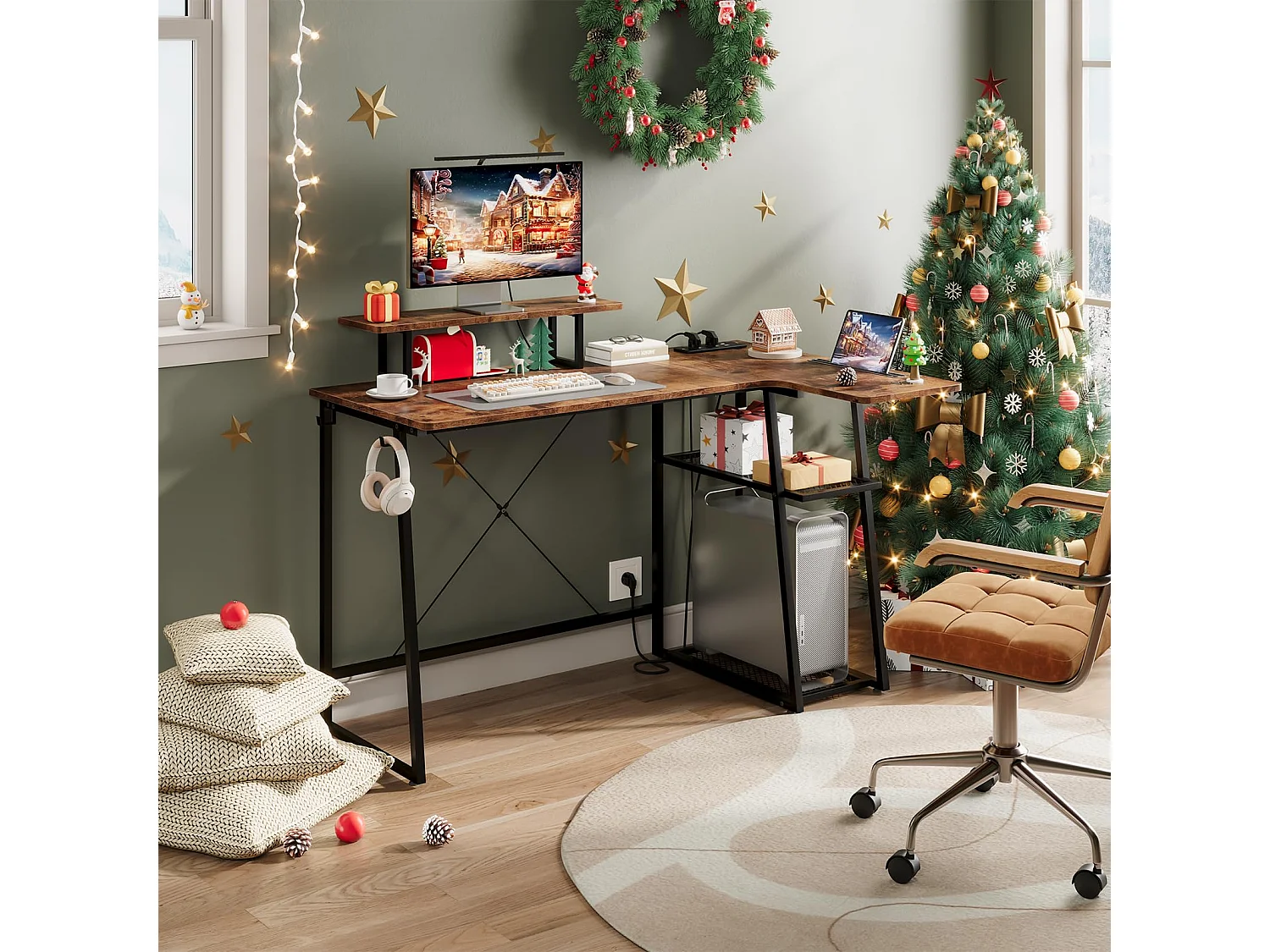 Bureau d’angle en L marron avec étagère, port USB, prise, support écran et espace de rangement, idéal pour le jeu, la maison ou le bureau