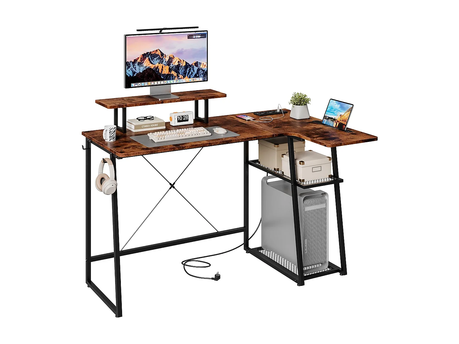 Bureau d’angle en L marron avec étagère, port USB, prise, support écran et espace de rangement, idéal pour le jeu, la maison ou le bureau