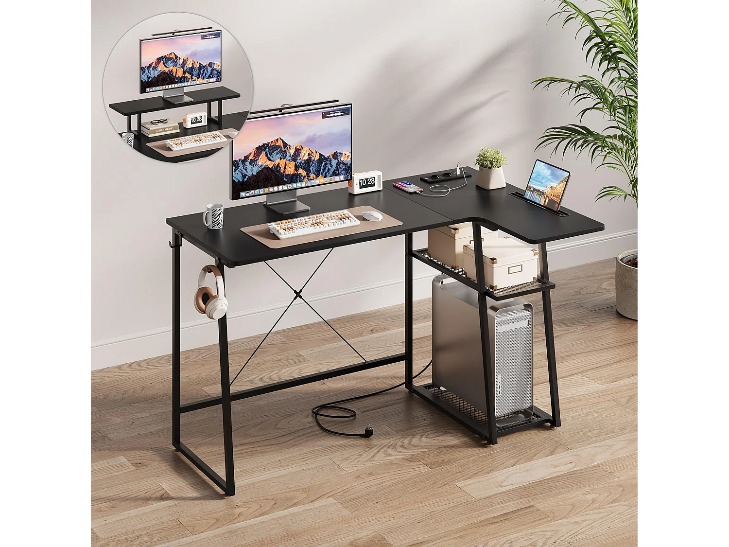 Bureau d’angle en L noir avec étagère, port USB, prise, support écran et rangement, idéal pour le jeu, la maison ou le bureau