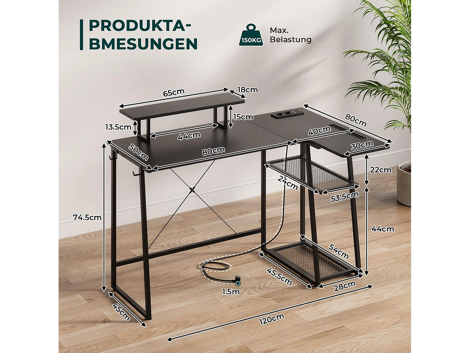 Bureau d’angle en L noir avec étagère, port USB, prise, support écran et rangement, idéal pour le jeu, la maison ou le bureau