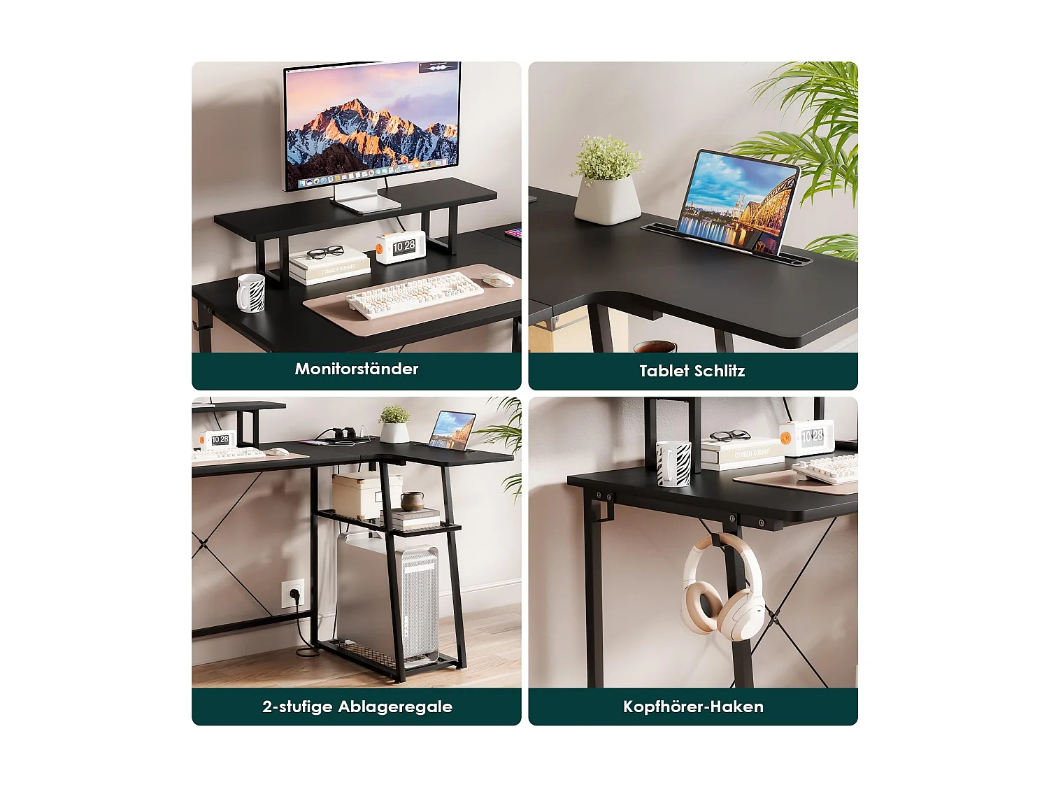 Bureau d’angle en L noir avec étagère, port USB, prise, support écran et rangement, idéal pour le jeu, la maison ou le bureau