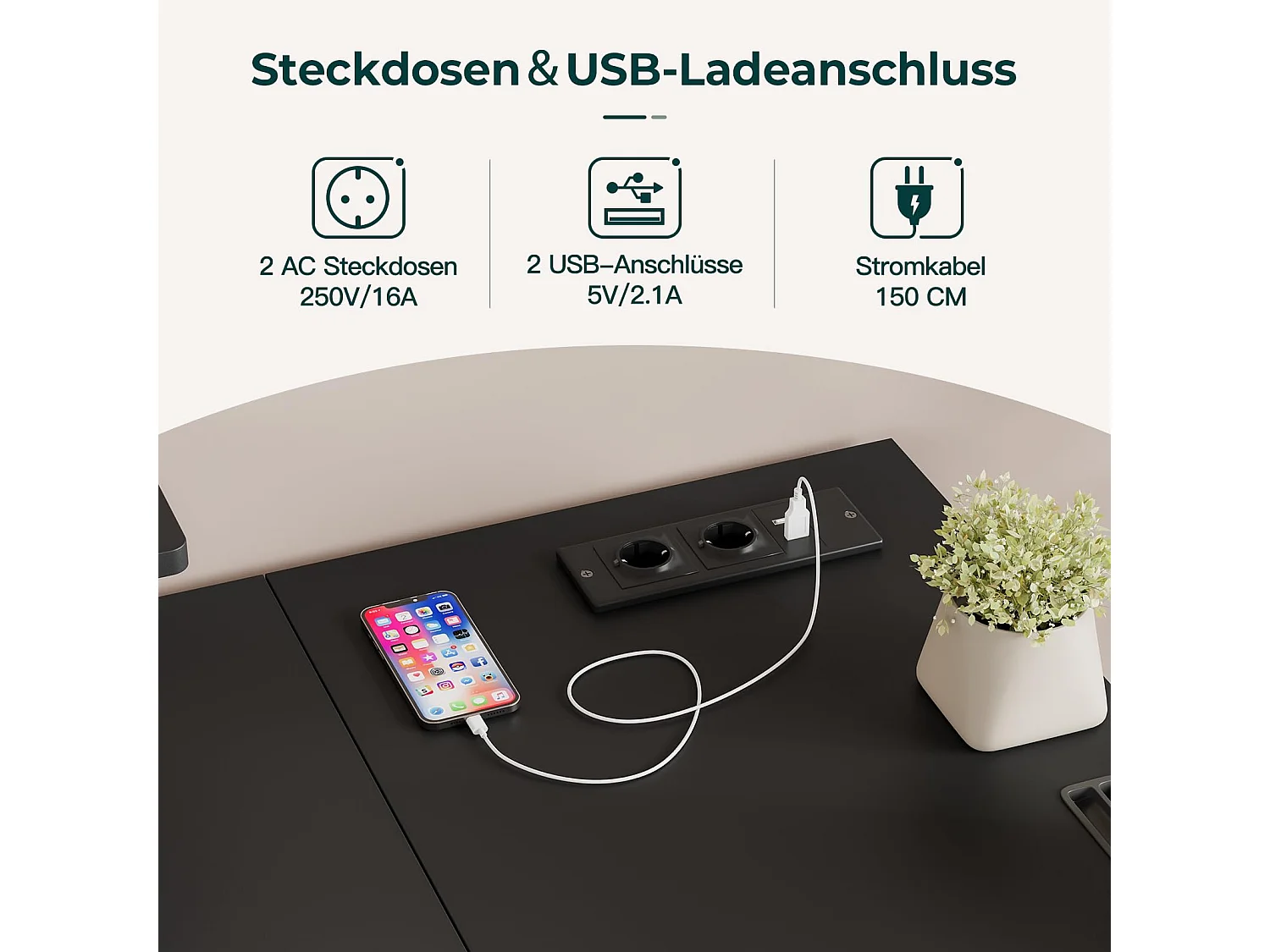 Bureau d’angle en L noir avec étagère, port USB, prise, support écran et rangement, idéal pour le jeu, la maison ou le bureau