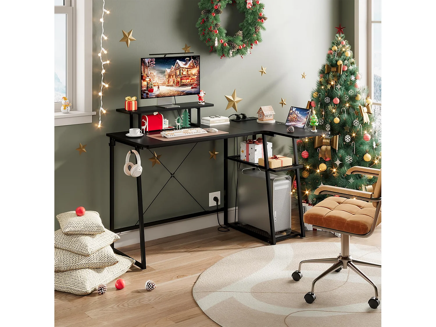 Bureau d’angle en L noir avec étagère, port USB, prise, support écran et rangement, idéal pour le jeu, la maison ou le bureau