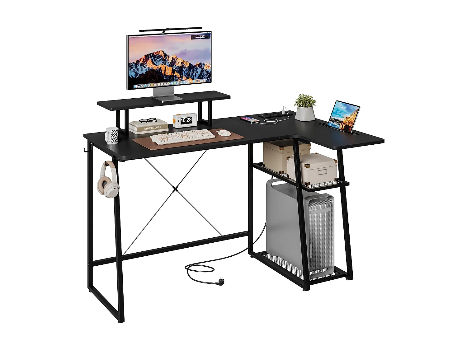 Bureau d’angle en L noir avec étagère, port USB, prise, support écran et rangement, idéal pour le jeu, la maison ou le bureau