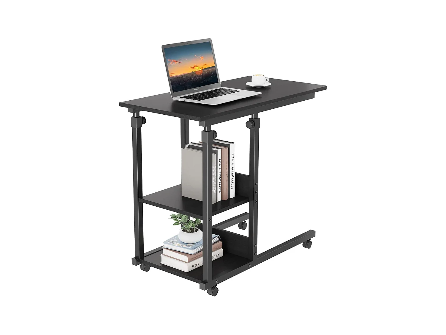 Table Roulante, Table d'Appoint Mobile Réglable en Hauteur, Table Multiusage avec 4 roulettes et 2 Étagères de Rangement pour Canapé/Lit/Balcon-Noir
