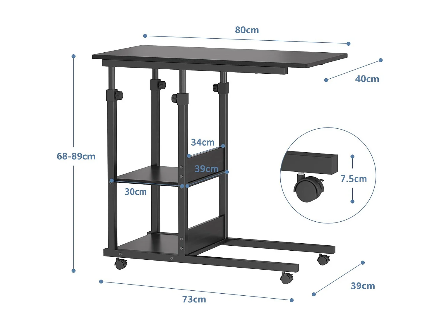 Table Roulante, Table d'Appoint Mobile Réglable en Hauteur, Table Multiusage avec 4 roulettes et 2 Étagères de Rangement pour Canapé/Lit/Balcon-Noir