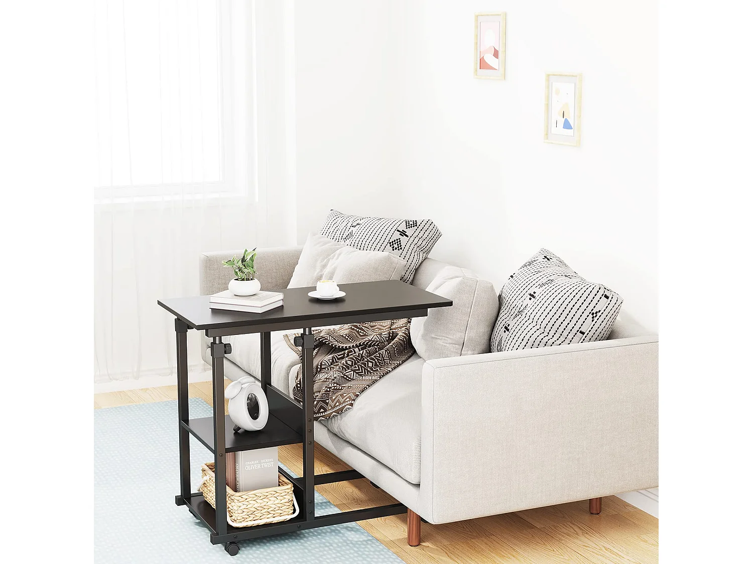 Table Roulante, Table d'Appoint Mobile Réglable en Hauteur, Table Multiusage avec 4 roulettes et 2 Étagères de Rangement pour Canapé/Lit/Balcon-Noir