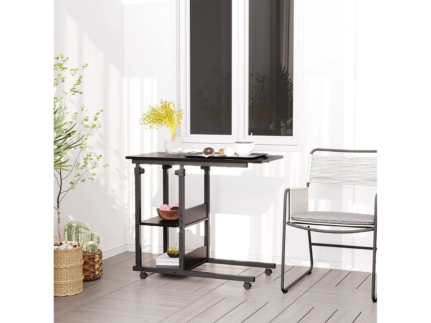 Table Roulante, Table d'Appoint Mobile Réglable en Hauteur, Table Multiusage avec 4 roulettes et 2 Étagères de Rangement pour Canapé/Lit/Balcon-Noir