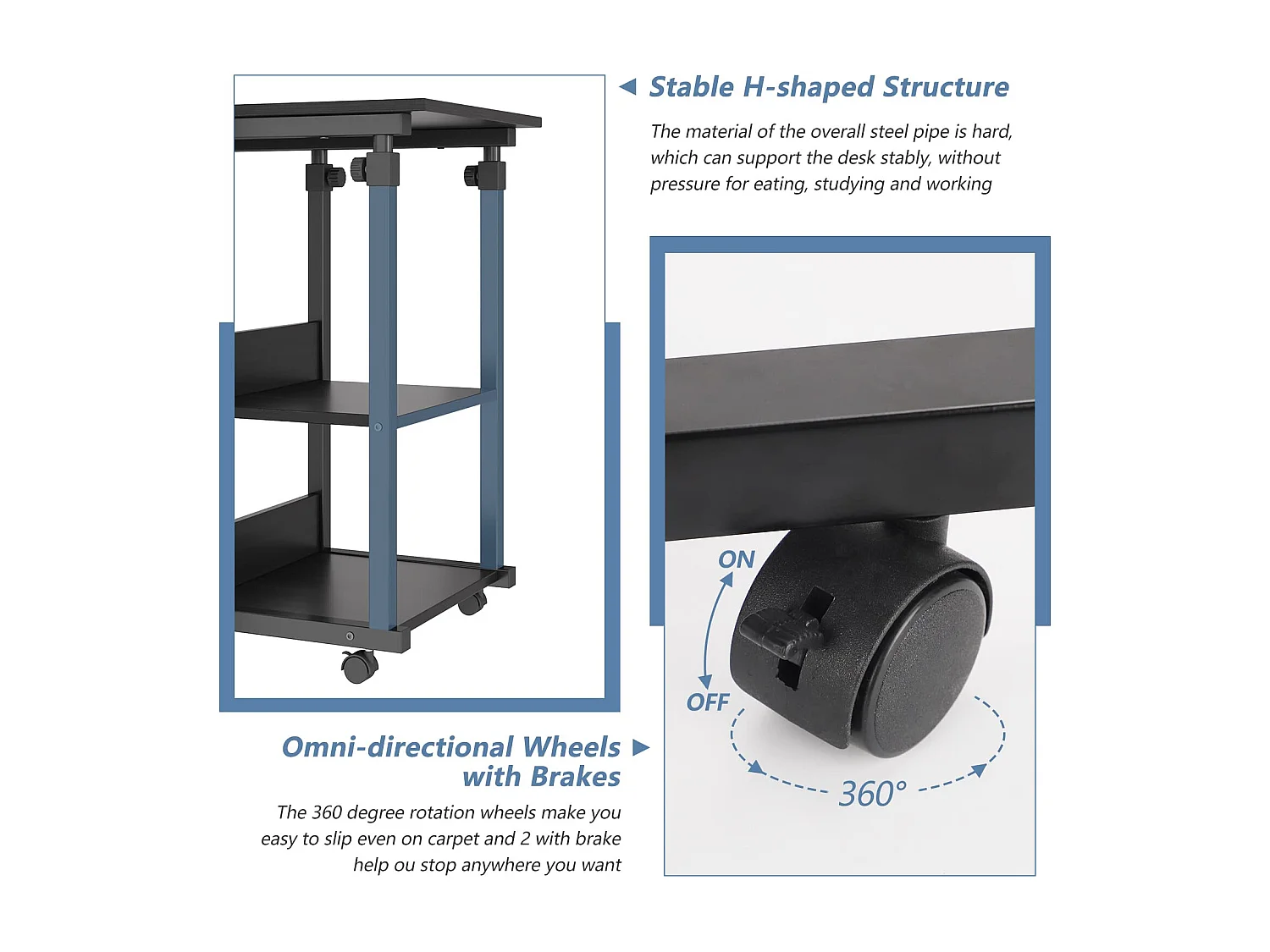 Table Roulante, Table d'Appoint Mobile Réglable en Hauteur, Table Multiusage avec 4 roulettes et 2 Étagères de Rangement pour Canapé/Lit/Balcon-Noir