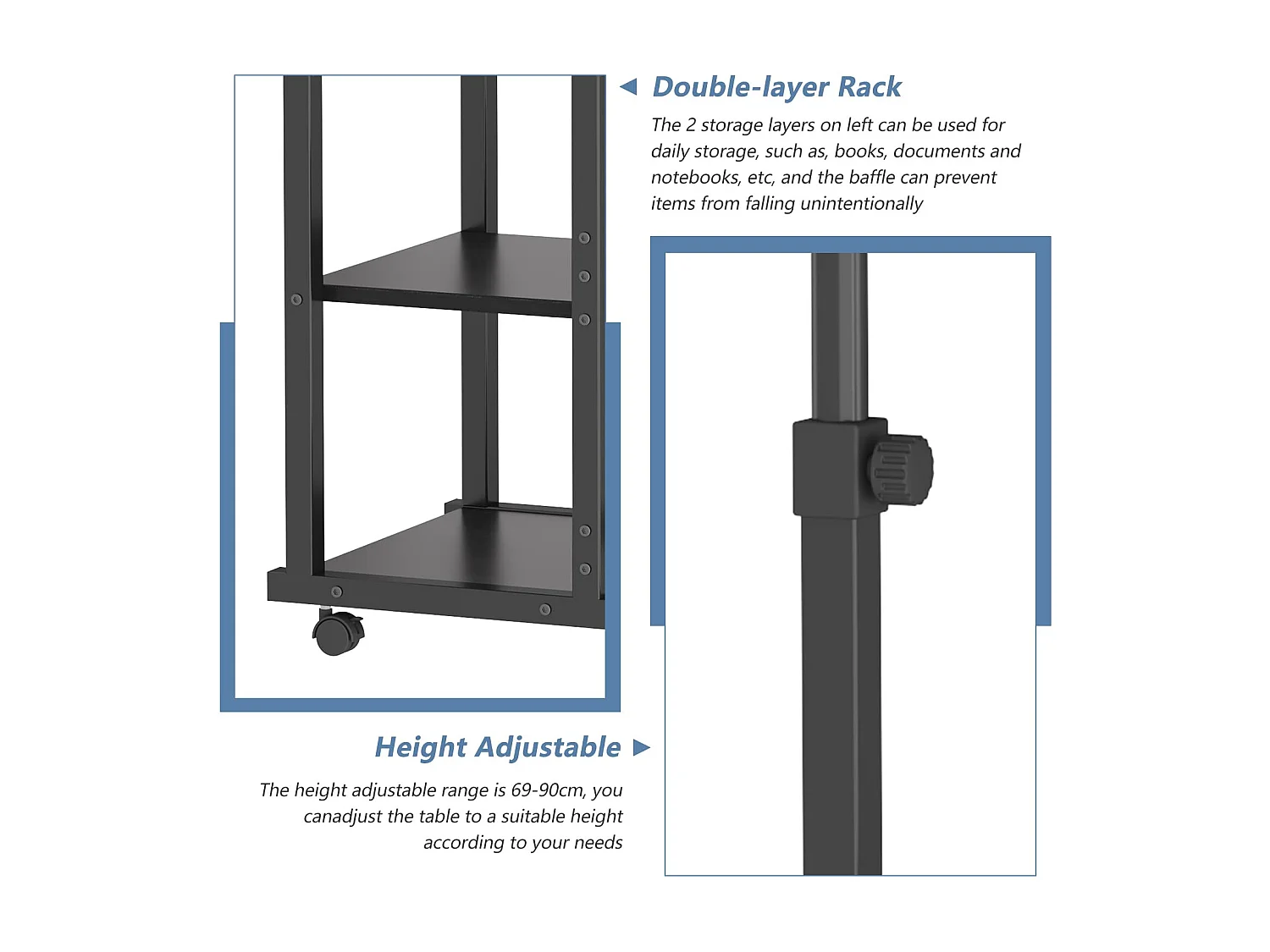 Table Roulante, Table d'Appoint Mobile Réglable en Hauteur, Table Multiusage avec 4 roulettes et 2 Étagères de Rangement pour Canapé/Lit/Balcon-Noir