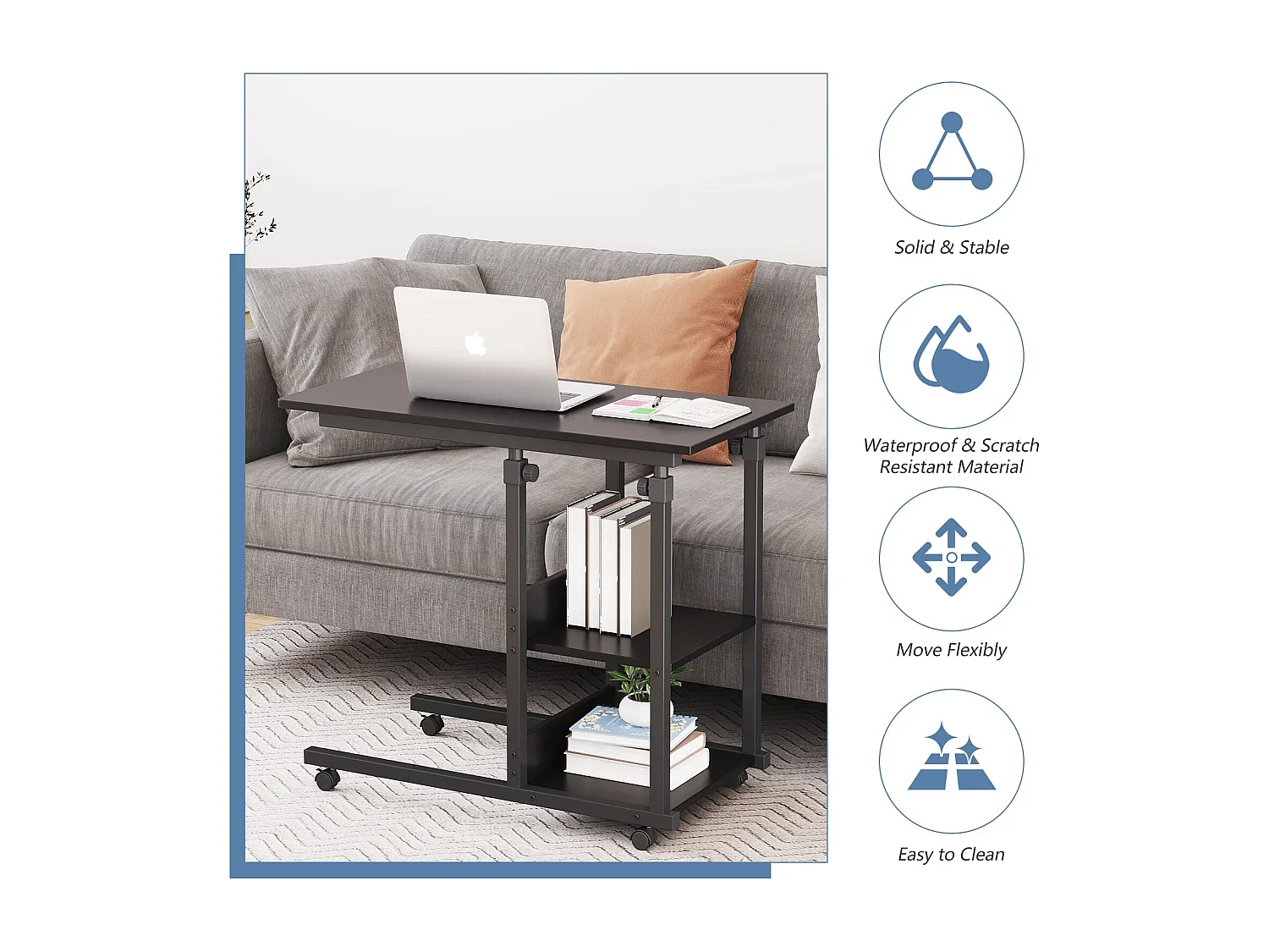 Table Roulante, Table d'Appoint Mobile Réglable en Hauteur, Table Multiusage avec 4 roulettes et 2 Étagères de Rangement pour Canapé/Lit/Balcon-Noir