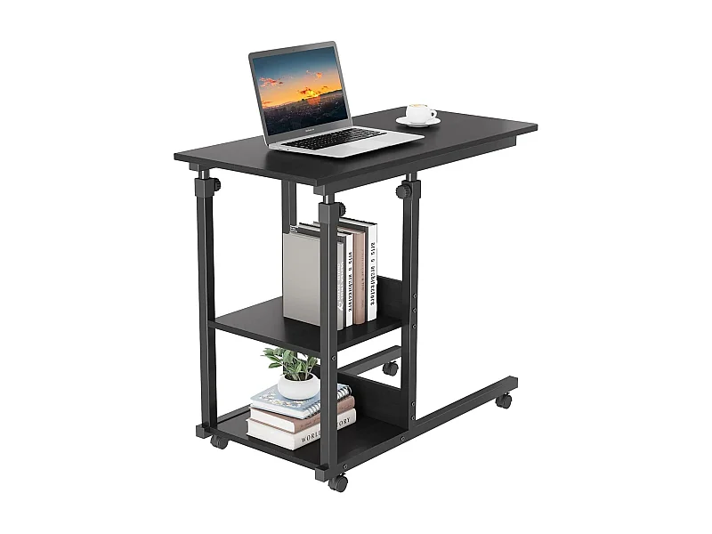 Table Roulante, Table d'Appoint Mobile Réglable en Hauteur, Table Multiusage avec 4 roulettes et 2 Étagères de Rangement pour Canapé/Lit/Balcon-Noir