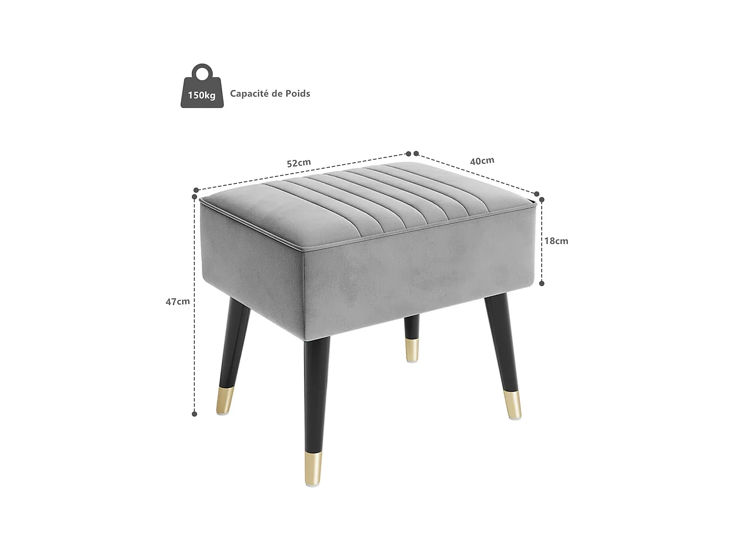 Pouf poggiapiedi in velluto per soggiorno con gambe in metallo per soggiorno e camera da letto 52 x 40 x 47 cm - Grigio