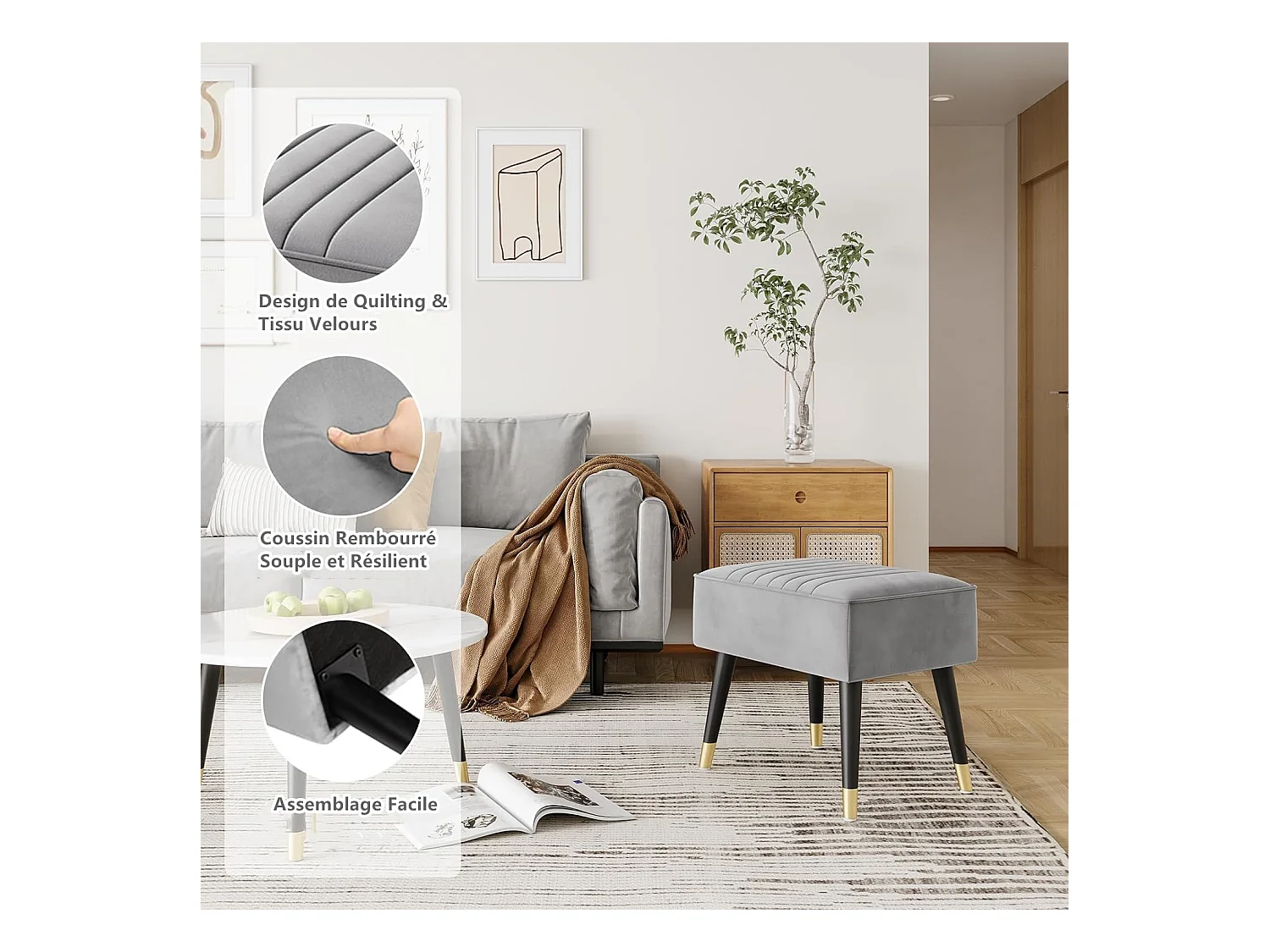 Pouf poggiapiedi in velluto per soggiorno con gambe in metallo per soggiorno e camera da letto 52 x 40 x 47 cm - Grigio