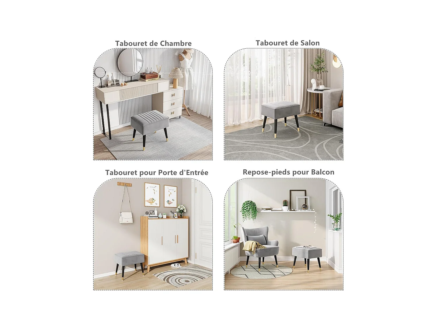 Pouf poggiapiedi in velluto per soggiorno con gambe in metallo per soggiorno e camera da letto 52 x 40 x 47 cm - Grigio