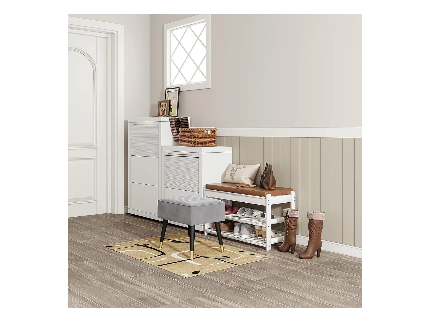 Pouf poggiapiedi in velluto per soggiorno con gambe in metallo per soggiorno e camera da letto 52 x 40 x 47 cm - Grigio