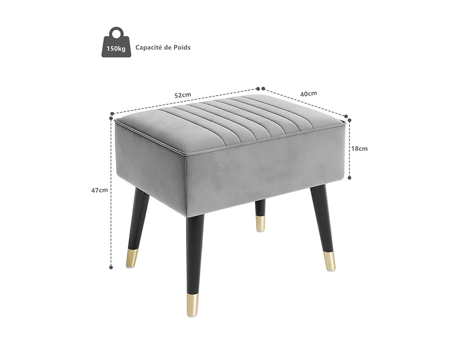 Repose-Pieds Salon en Velours Tabouret Pouf Ottoman avec Pieds en Métal pour Salon Chambre Salle de Séjour 52 x 40 x 47 cm - Gris