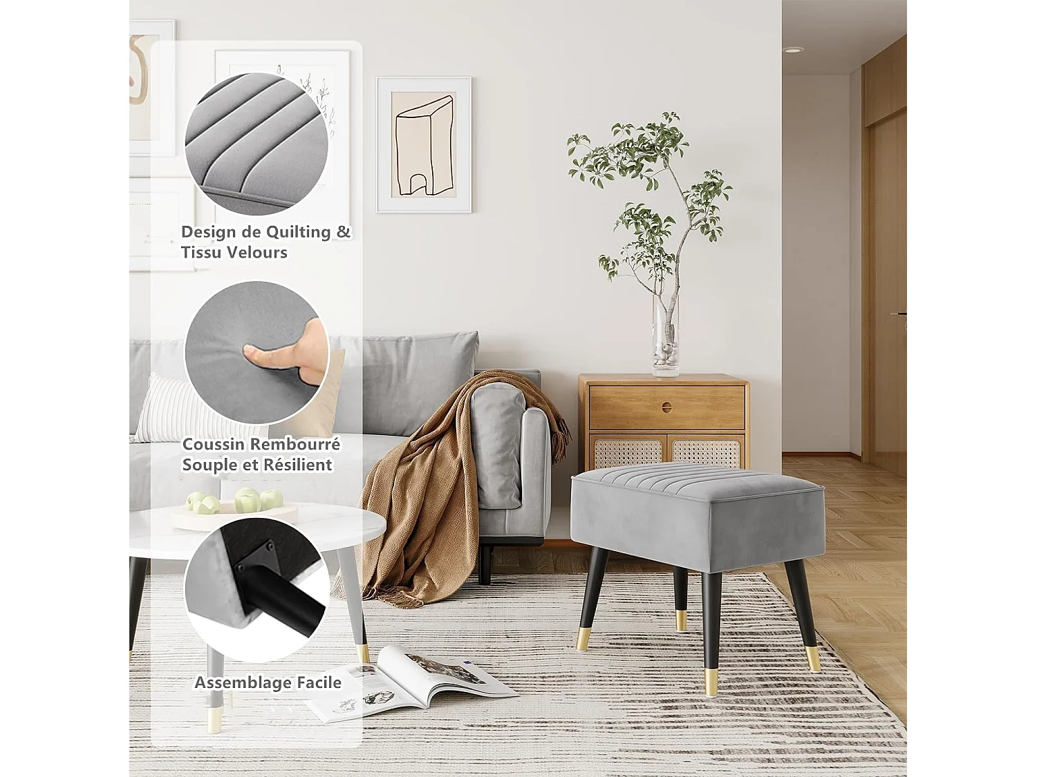 Repose-Pieds Salon en Velours Tabouret Pouf Ottoman avec Pieds en Métal pour Salon Chambre Salle de Séjour 52 x 40 x 47 cm - Gris