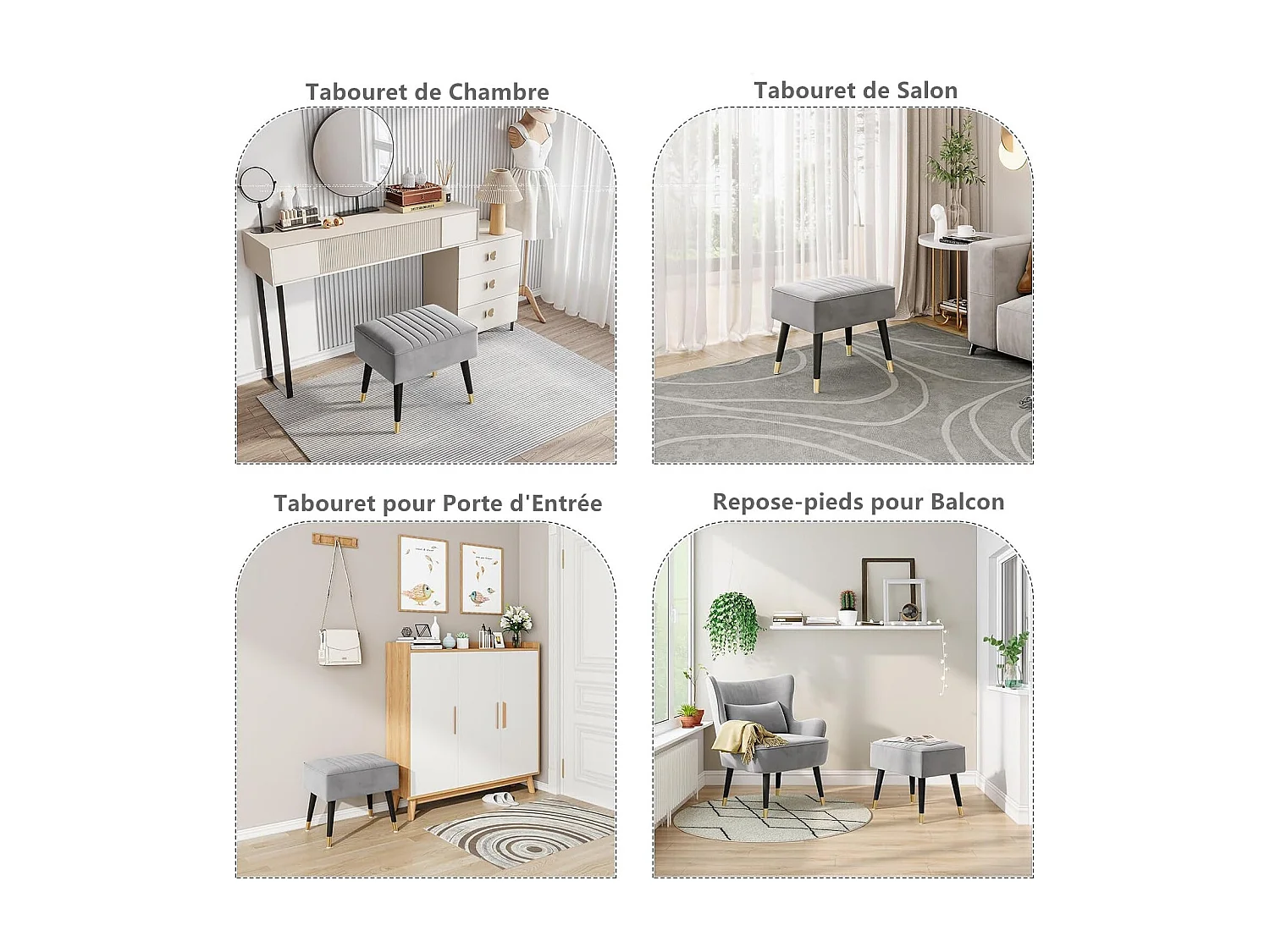 Repose-Pieds Salon en Velours Tabouret Pouf Ottoman avec Pieds en Métal pour Salon Chambre Salle de Séjour 52 x 40 x 47 cm - Gris