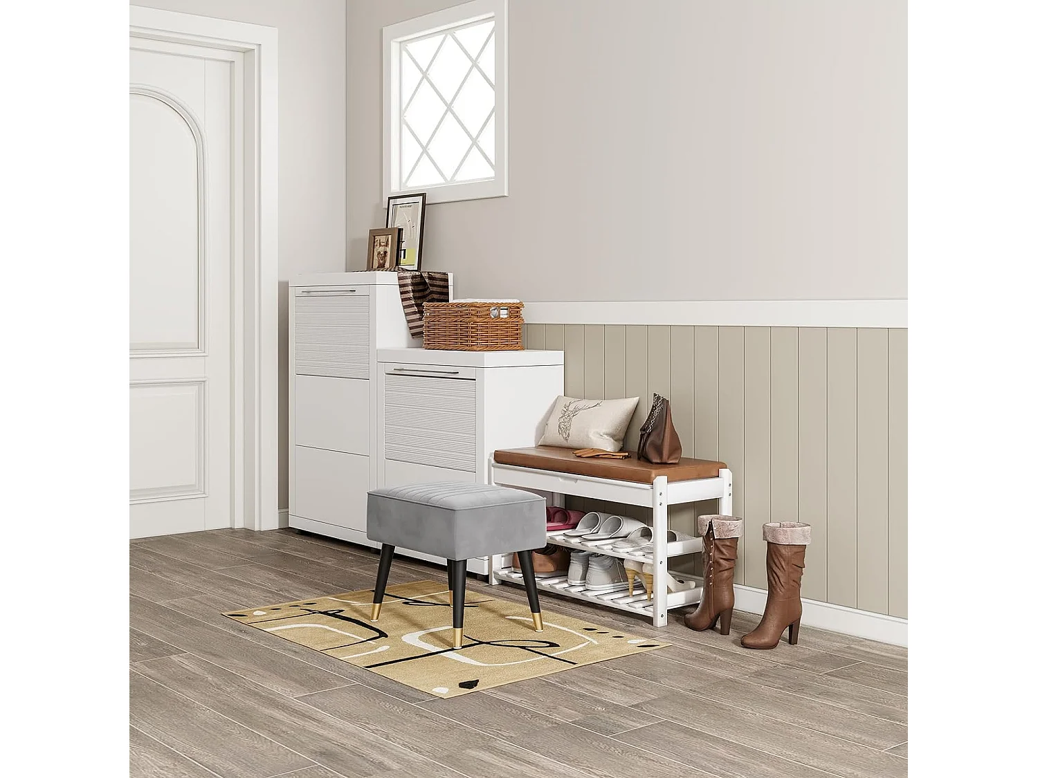 Repose-Pieds Salon en Velours Tabouret Pouf Ottoman avec Pieds en Métal pour Salon Chambre Salle de Séjour 52 x 40 x 47 cm - Gris