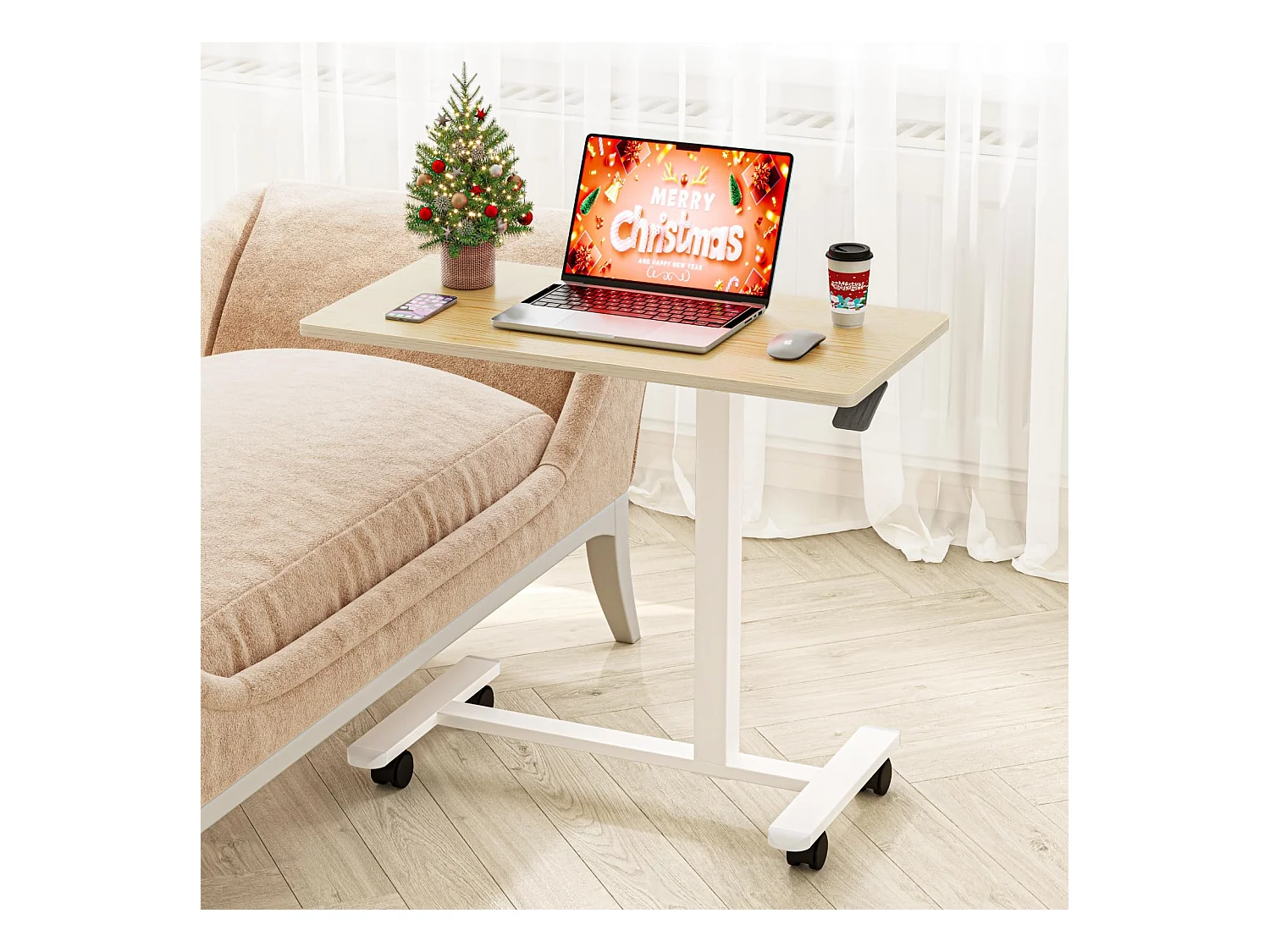 Tavolino laterale in legno 40x80 cm regolabile in altezza con ruote, ideale come tavolino da letto, comodino, scrivania mobile o tavolo per trattamenti