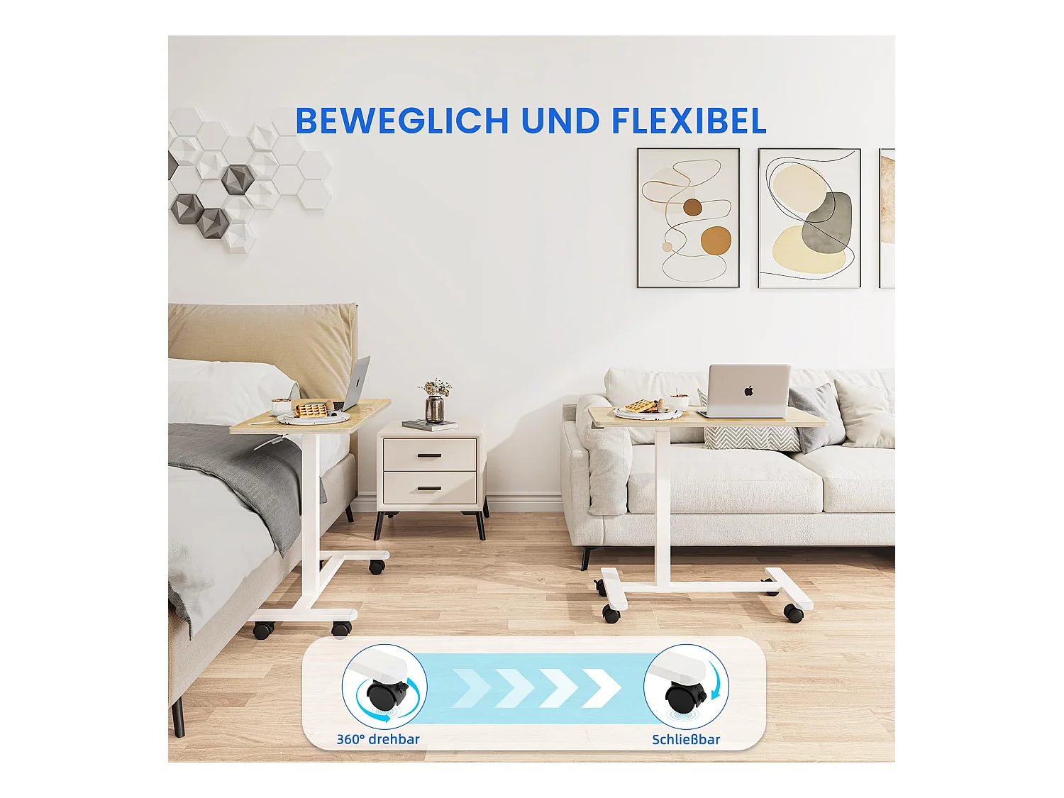 Tavolino laterale in legno 40x80 cm regolabile in altezza con ruote, ideale come tavolino da letto, comodino, scrivania mobile o tavolo per trattamenti