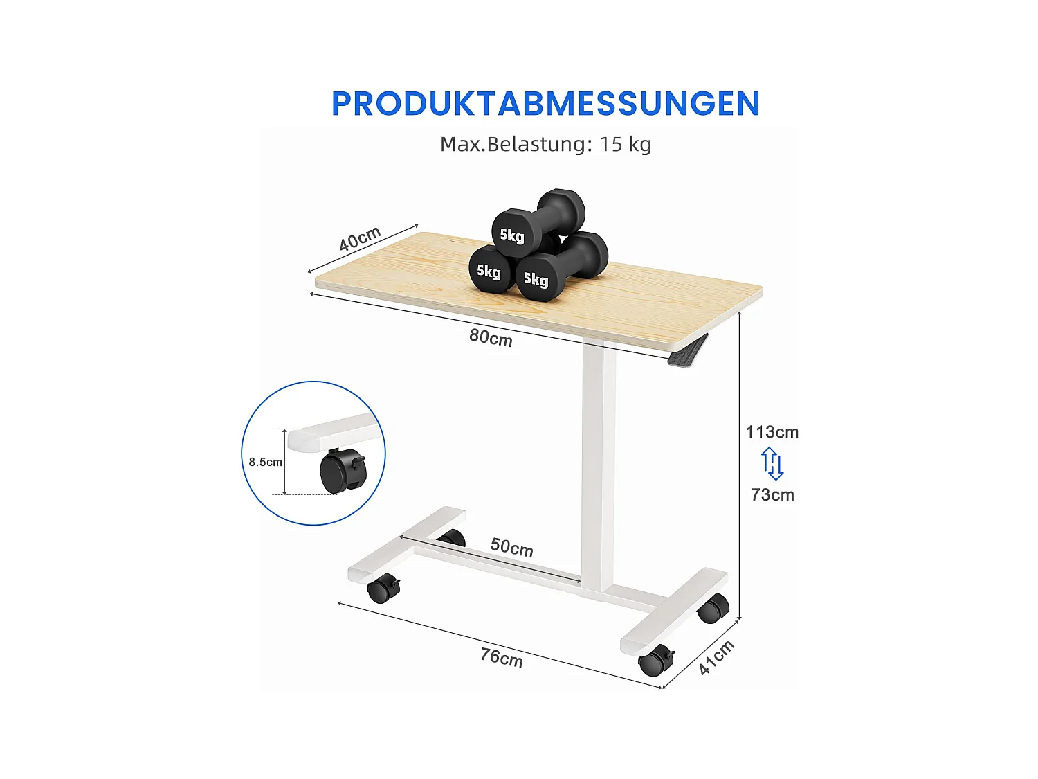 Table d’appoint en bois 40x80 cm, hauteur réglable, avec roulettes, utilisable comme table de lit, chevet, bureau mobile ou table de soins pour chambre ou salon