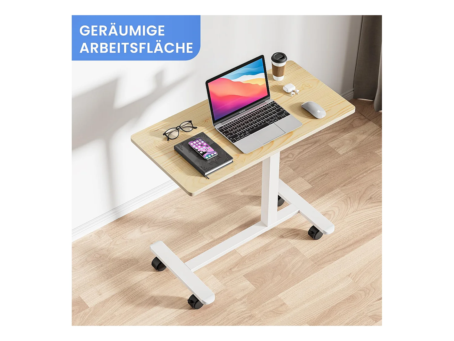 Table d’appoint en bois 40x80 cm, hauteur réglable, avec roulettes, utilisable comme table de lit, chevet, bureau mobile ou table de soins pour chambre ou salon