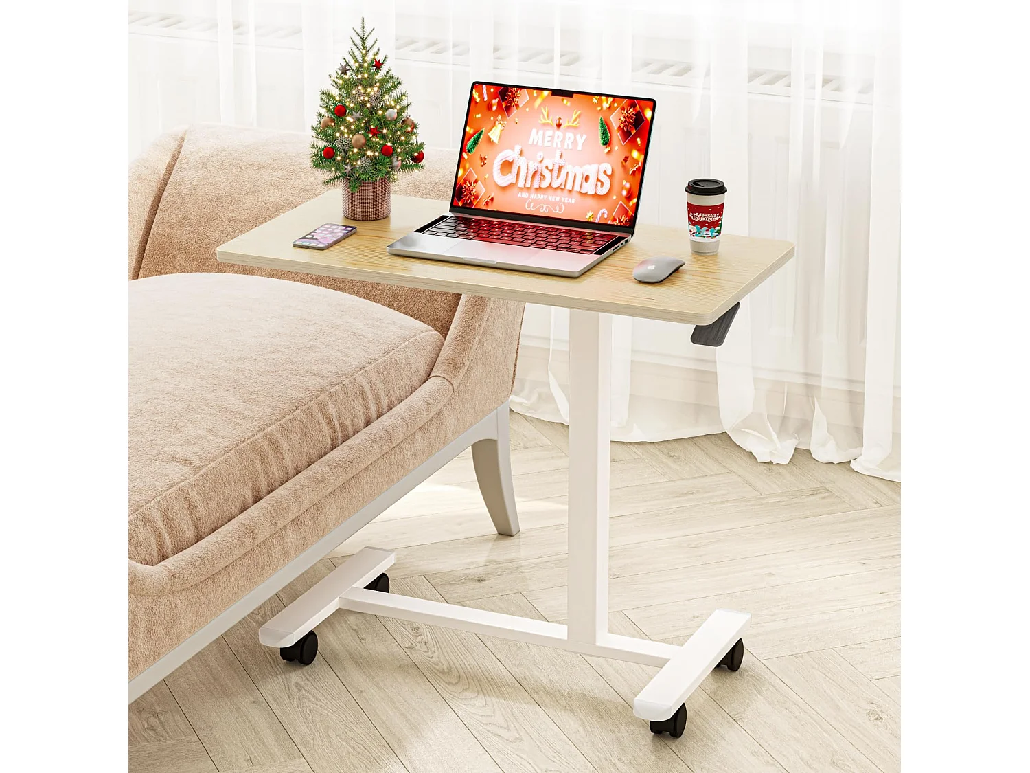 Table d’appoint en bois 40x80 cm, hauteur réglable, avec roulettes, utilisable comme table de lit, chevet, bureau mobile ou table de soins pour chambre ou salon