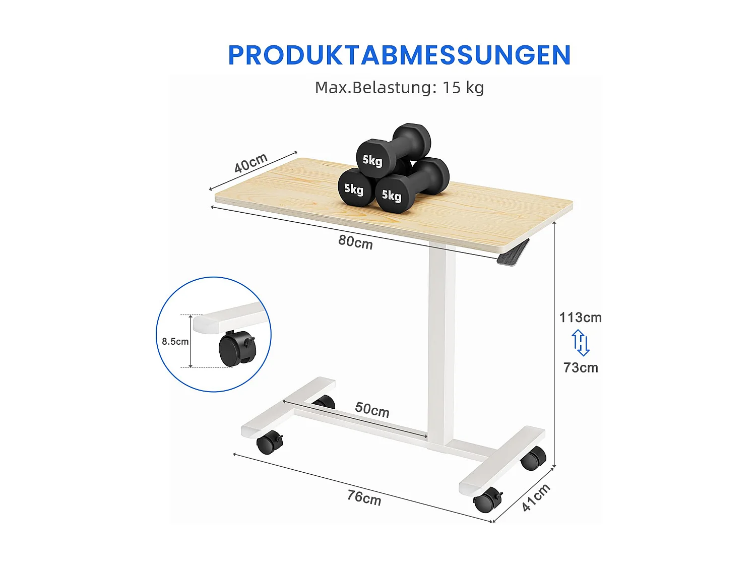 Table d’appoint en bois 40x80 cm, hauteur réglable, avec roulettes, utilisable comme table de lit, chevet, bureau mobile ou table de soins pour chambre ou salon