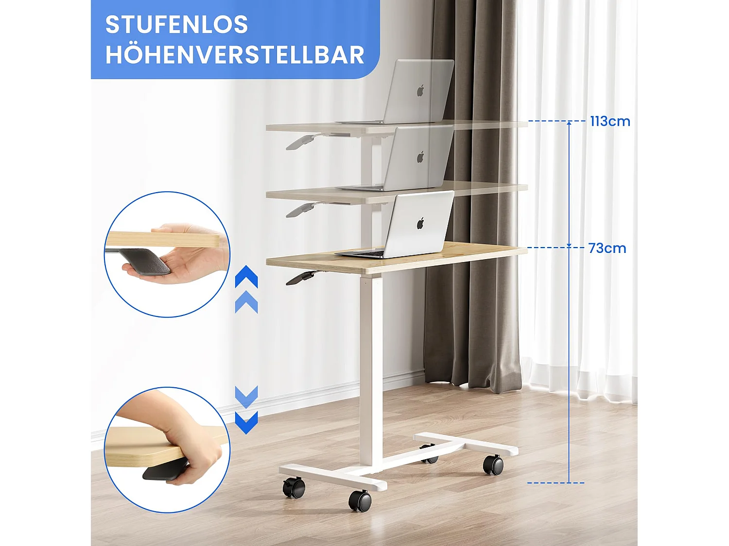 Table d’appoint en bois 40x80 cm, hauteur réglable, avec roulettes, utilisable comme table de lit, chevet, bureau mobile ou table de soins pour chambre ou salon