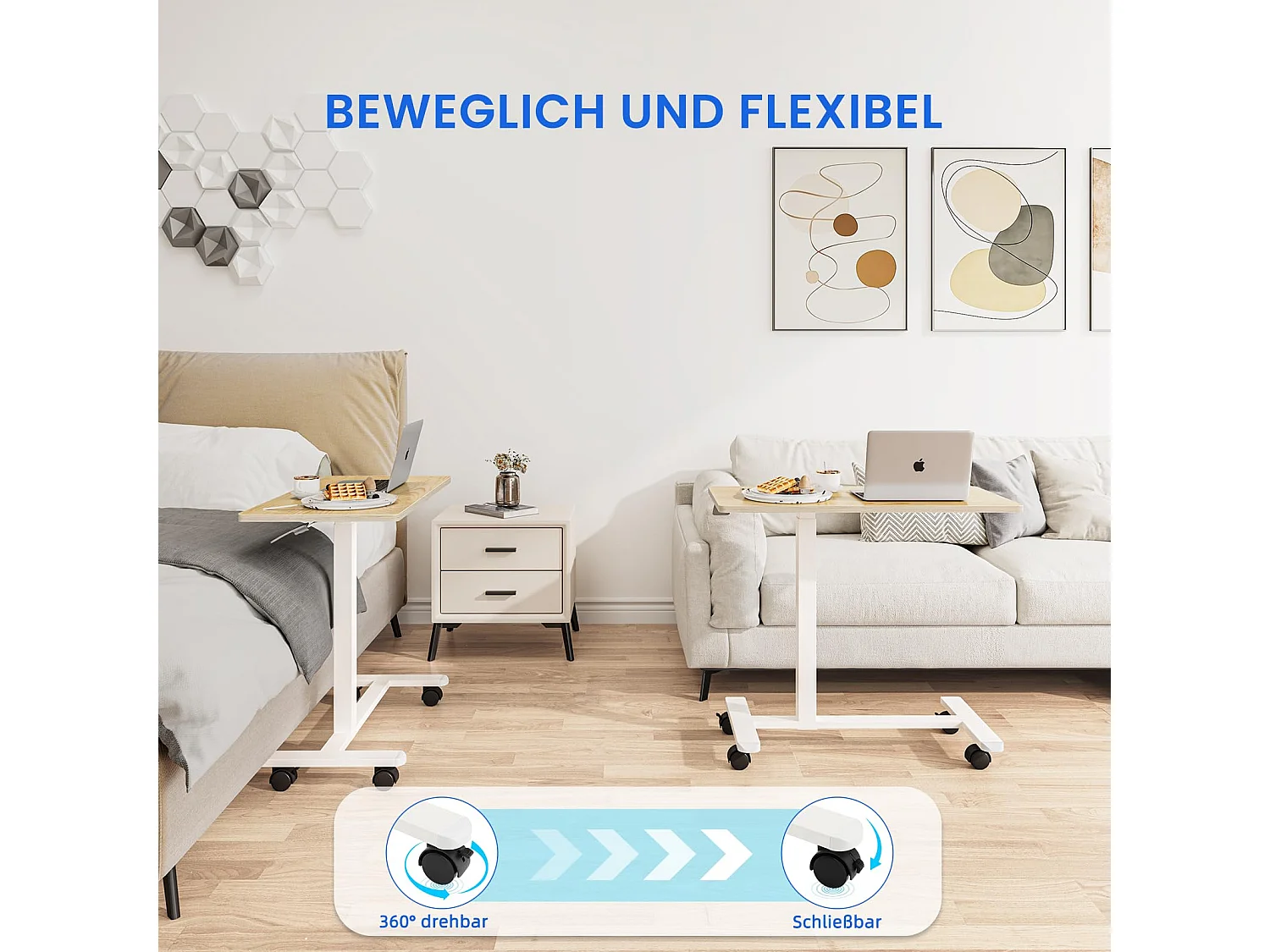 Table d’appoint en bois 40x80 cm, hauteur réglable, avec roulettes, utilisable comme table de lit, chevet, bureau mobile ou table de soins pour chambre ou salon